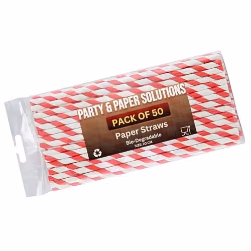 Party & Paper Solutions Biodegradable Red and White Striped Paper Straws, 50 Pack – 2
