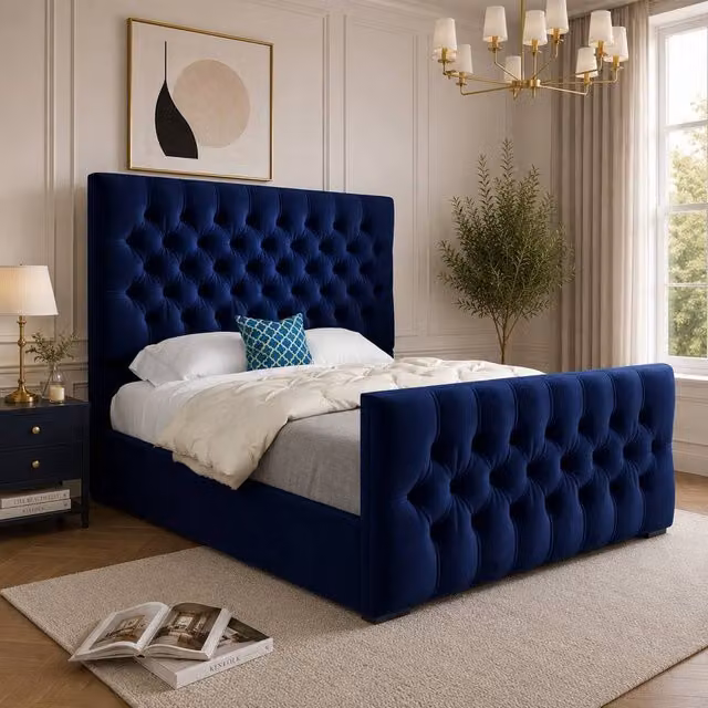 Casani Portmeirion Chesterfield Upholstered Velvet Bed Frame, Blue, W/D/H: 140 x 200 cm
