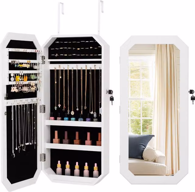 COSTWAY Lockable Full Length Mirror Jewellery Cabinet in White