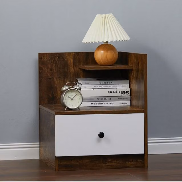 Living and Home Modern Wooden Bedside Table with Drawer and Open Shelf in Brown