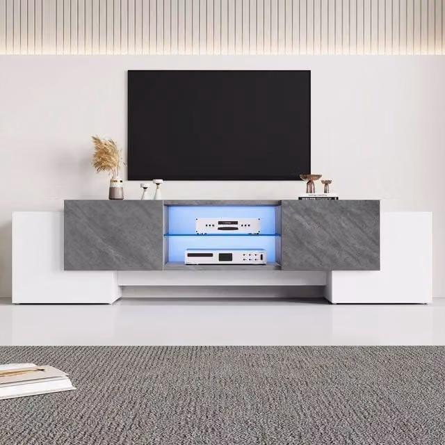 Rolipo Modern LED TV Stand with 4 Doors in White and Grey, Width: 180 cm