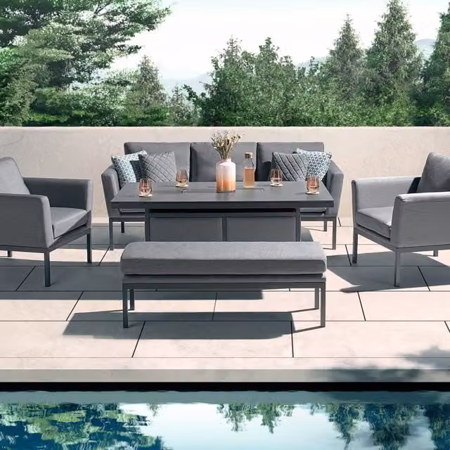 Desser Aruba 3 Seater Outdoor Fabric Sofa Set with Cast Iron Fire Pit Table in Grey
