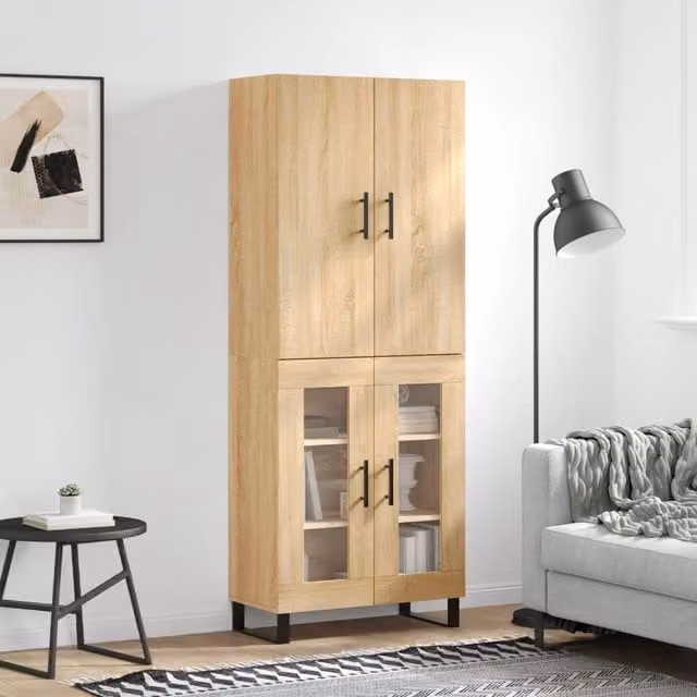Berkfield Home Sonoma Oak Highboard in Brown with Glass Doors, W/D/H: 69.5 x 34 x 180 cm