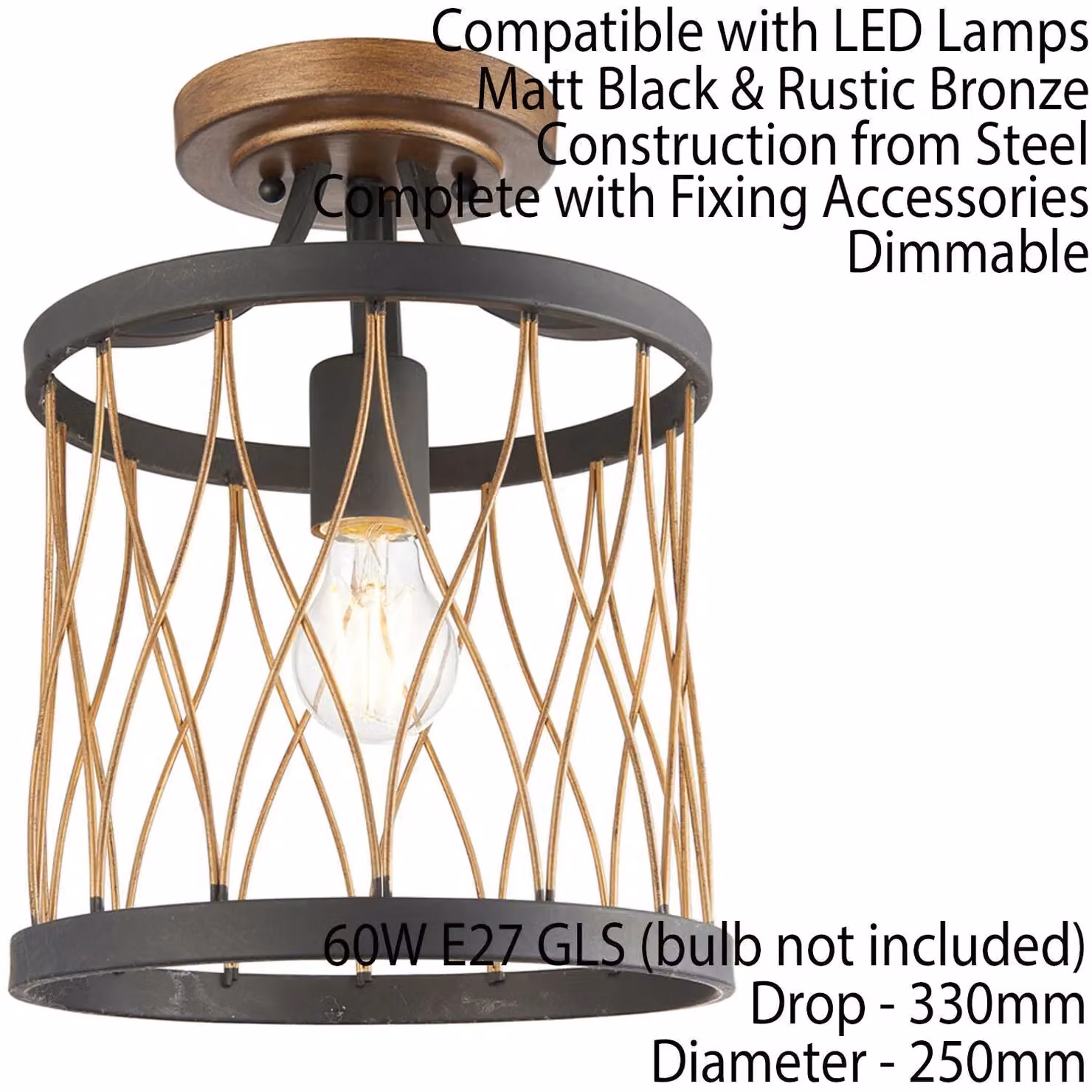 Loops Round Vintage Metal Wire Flush Ceiling Mount Light in Black and Bronze – 2