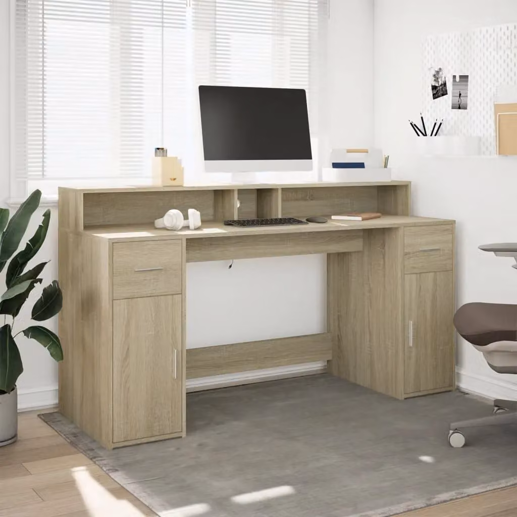 Berkfield Home Gaming Desk with LED Lights in Sonoma Oak Brown, W/D/H: 160 x 55 x 91 cm – 2