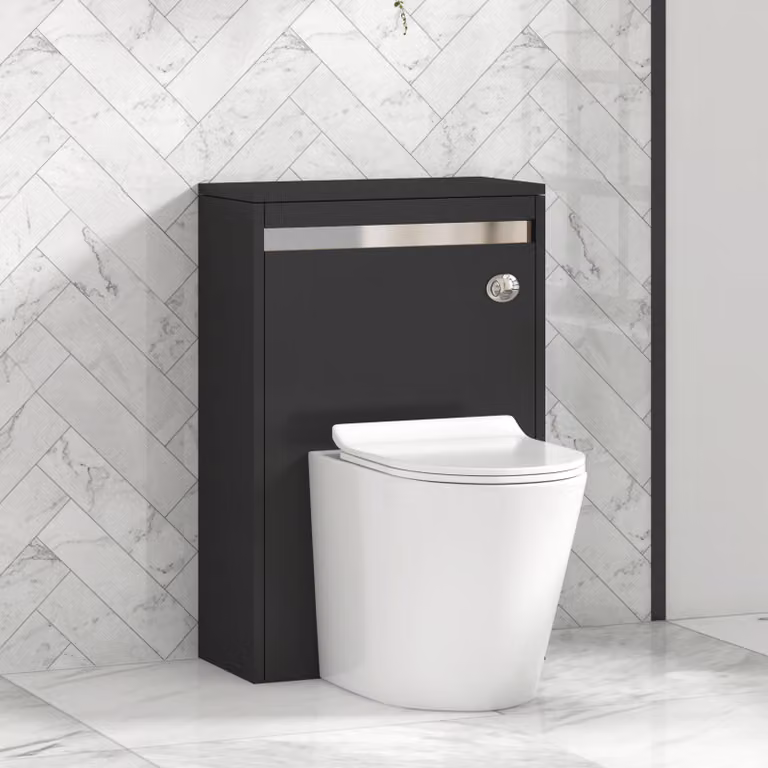 Royal Bathrooms Orion Matt Obsidian Black BTW WC Unit with Cesar Rimless Ceramic Toilet Pan, Slim Soft Close Seat and Cistern with Chrome Accent Trim, Width: 54 cm