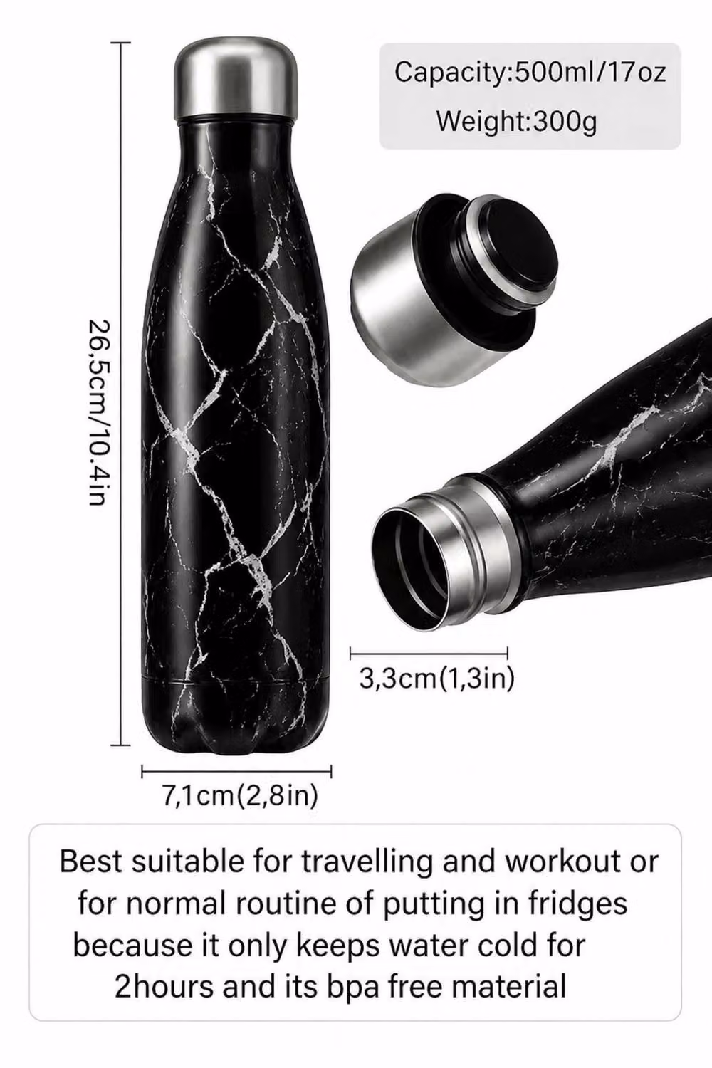 Dyzi Leakproof Stainless Steel Water Bottle, Black Marble, 500ml – 2