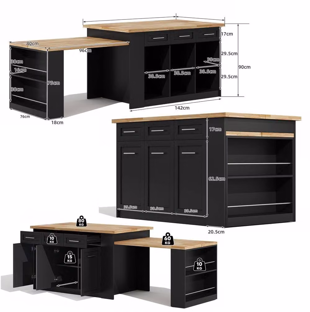 STILVORA Modern Black Wood Kitchen Island with Extendable Dining Table and Storage – 4