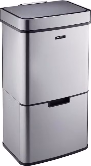 Cooks Professional 75L Sensor Recycling Bin with 3 Compartments and Food Caddy in Silver Stainless Steel – 1
