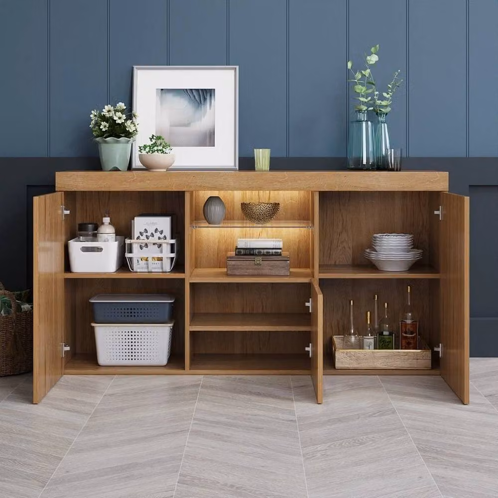 KORVIXA Modern Brown Wooden TV Stand Unit with 3 Doors and Integrated Lighting, W/D/H: 100 x 100 x 100 cm – 3
