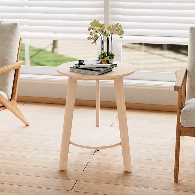 Livingandhome Scandinavian Round Wooden Coffee Side Table in Brown, Beige and Multicolour