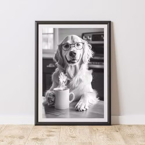 60 Second Makeover Funny Golden Retriever Drinking Coffee Paper Poster, A3, Multicolour