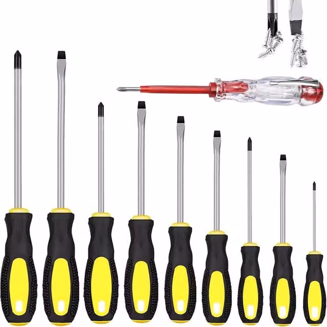 ATEK 10-Piece Magnetic Screwdriver Set with Voltage Tester, Phillips and Flathead Drivers, Yellow Chrome Vanadium