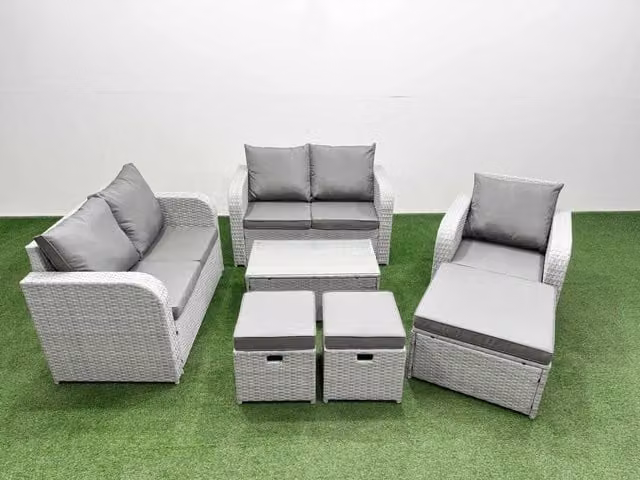 Fimous Grey Poly Rattan Garden Furniture Set with Reclining Chair, Loveseat Sofa, Rectangular Coffee Table and 3 Stools
