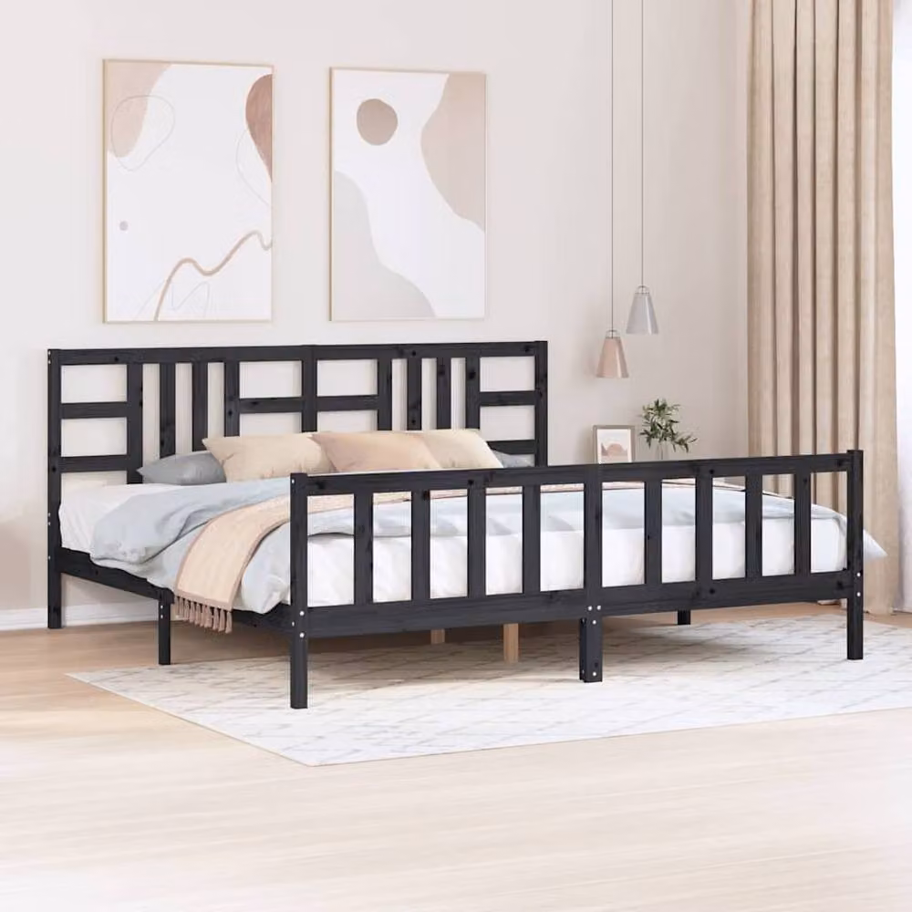 Berkfield Home Beautiful Bed Frame with Headboard in Black Solid Pine Wood, W/D/H: 200 x 200 x 205.5 cm – 2
