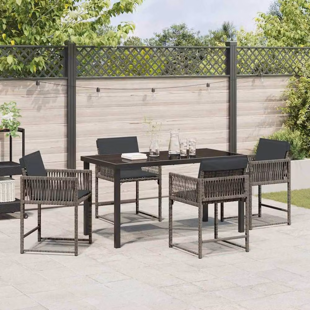 Berkfield Home 5 Piece Grey Poly Rattan Garden Dining Set with Glass Top – 3