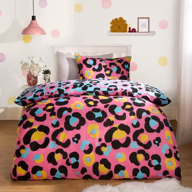 OHS Reversible Green Leopard Graphic Duvet Cover and Pillowcase Set, Polyester, W: 90 cm x H: 200 cm