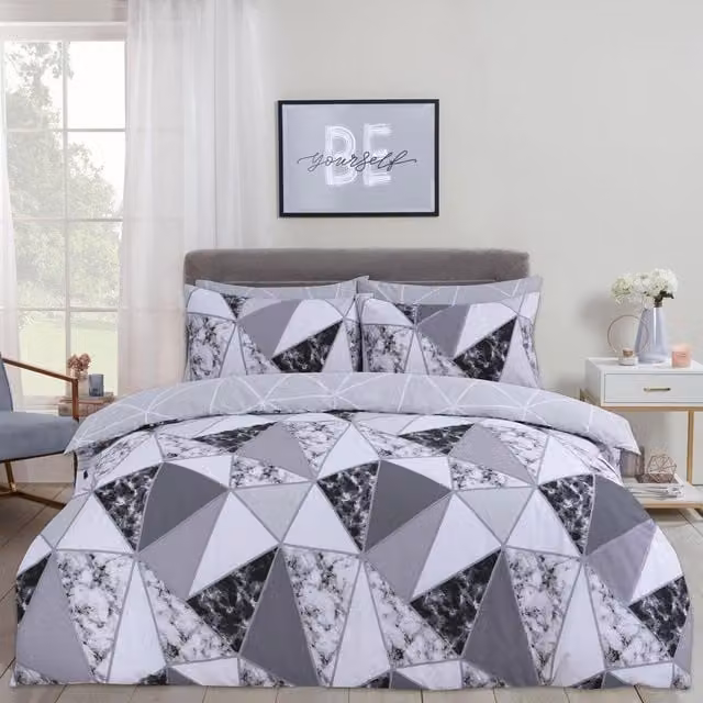 Dreamscene Marble Geo Reversible Duvet Cover and Pillowcase Bedding Set, Grey and White, 200 x 200 cm