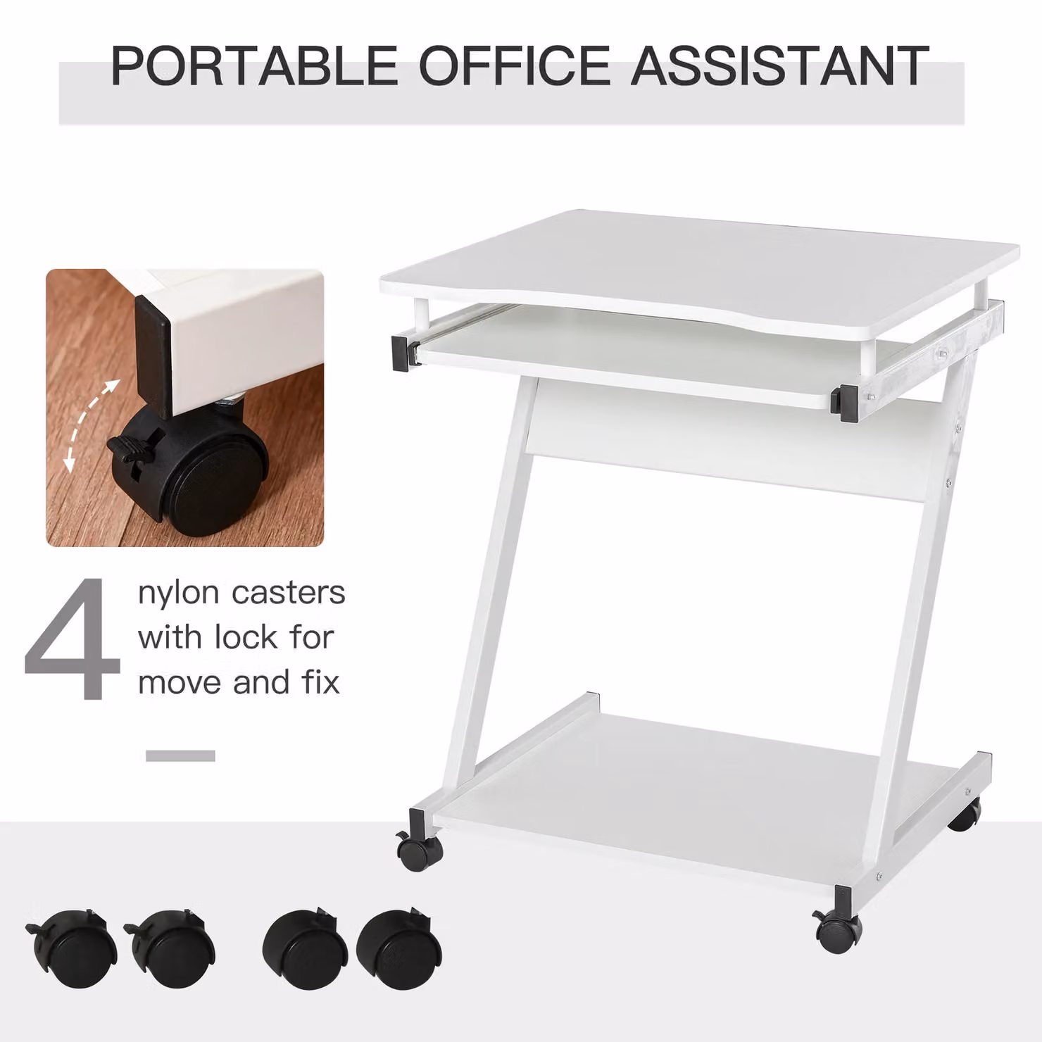 HOMCOM Movable Computer Desk with Sliding Keyboard Tray and Castors, White – 2
