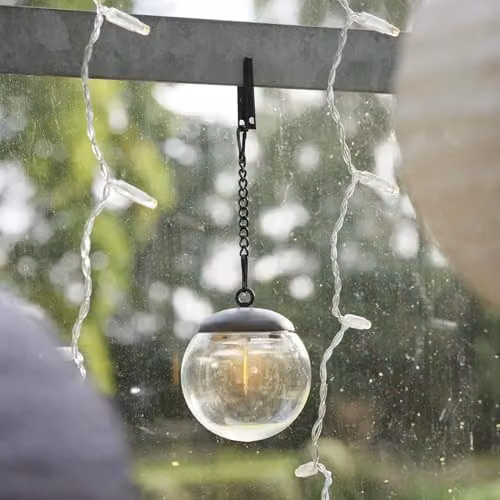 Lights4fun Set of 3 Solar Filament Globe Hanging Lights with Warm White LEDs, Transparent Glass Sphere Lanterns in Black for Garden and Terrace – 2