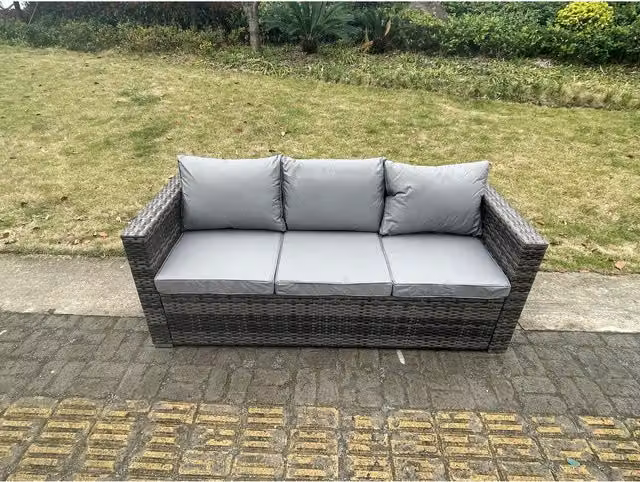 Fimous 3 Seater Rattan Lounge Sofa Set with Metal Frame and Grey Upholstered Removable Covers