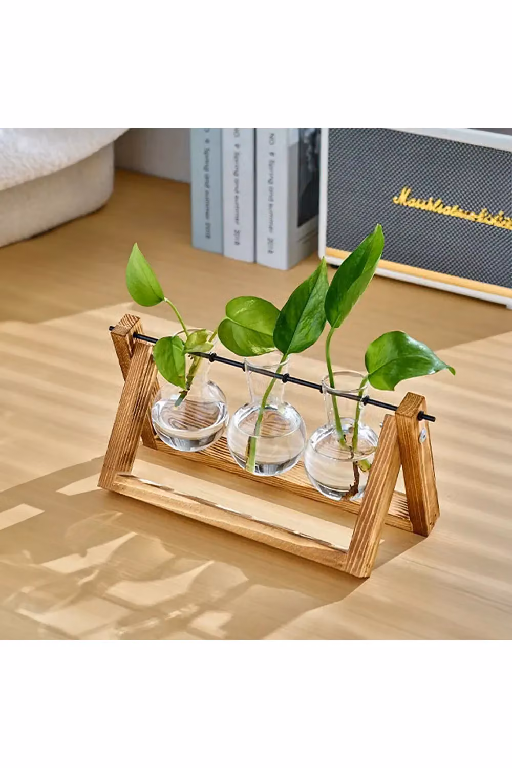 Living and Home Modern 3-Piece Round Glass Bulb Terrarium Set with Wood Stand in Brown – 2