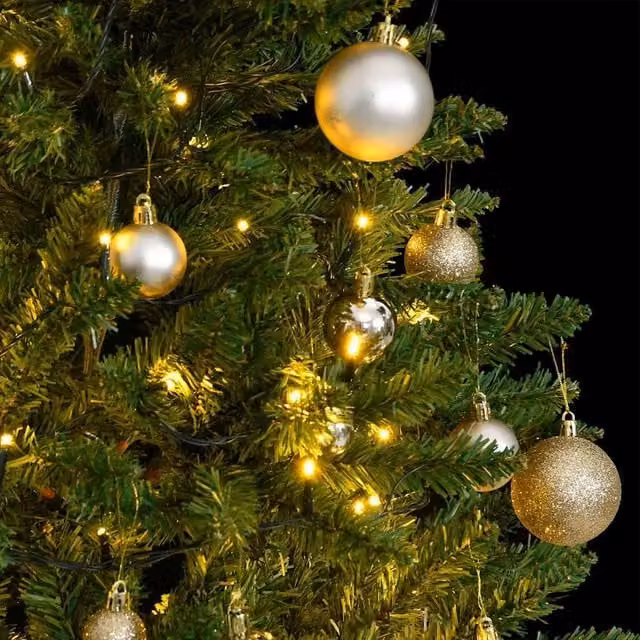Berkfield Home Beautiful Artificial Hinged Christmas Tree with 150 LEDs and Gold and Green Ball Set, H 120 cm