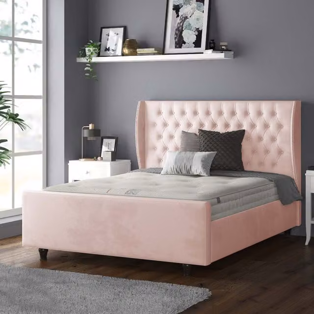 IH Design Aurora Chesterfield Wing Upholstered Plush Velvet Bed Frame in Pink, W/D/H: 180 x 200 cm