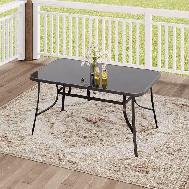 Komore Black Rectangular Tempered Glass and Metal Garden Table with Parasol Hole
