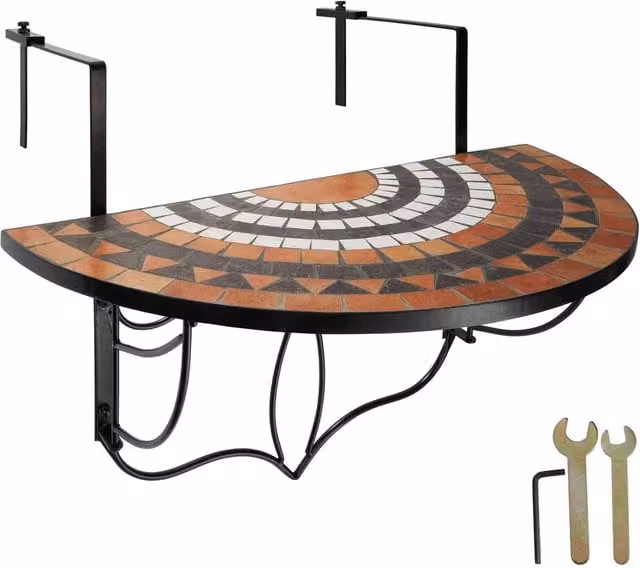 tectake Mediterranean Balcony Table with Terracotta Geometric Mosaic Pattern – 1