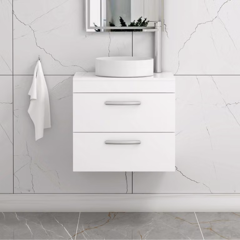 Royal Bathrooms Turin 500mm Wall Hung Gloss White 2 Drawer Vanity Unit with Countertop Basin