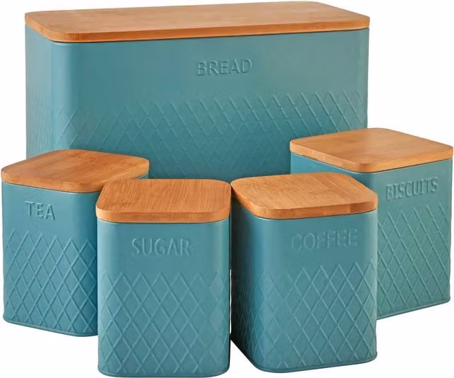 Cooks Professional 5 Piece Square Kitchen Storage Cannister Set with Bamboo Lids in Petrol Blue Stainless Steel – 1