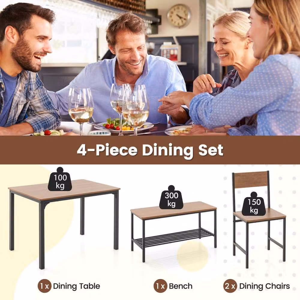 Costway 4-Piece Industrial Dining Table Set with Bench and Chairs in Brown – 8
