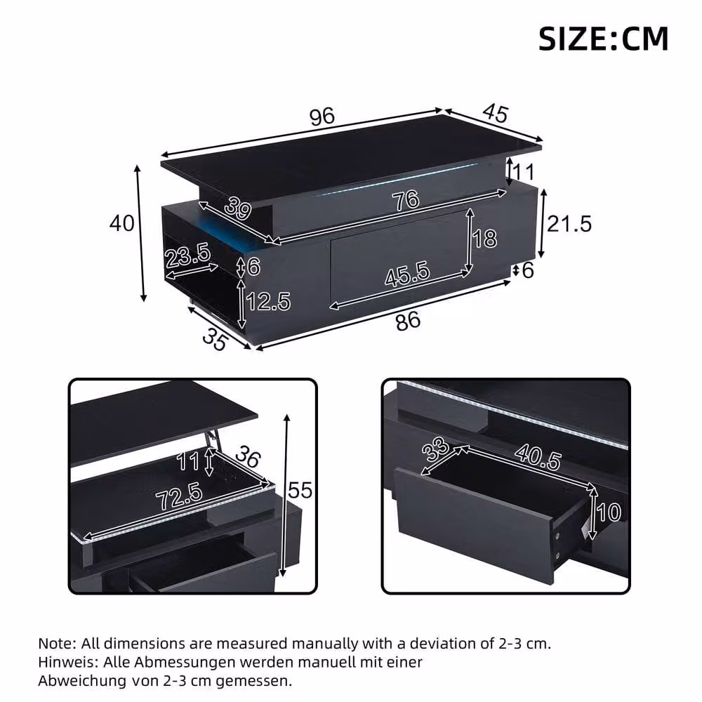 Merax High Gloss LED Lift Top Coffee Table with Hidden Storage and Drawer in Black, W/D/H: 120 x 60 x 45 cm – 1
