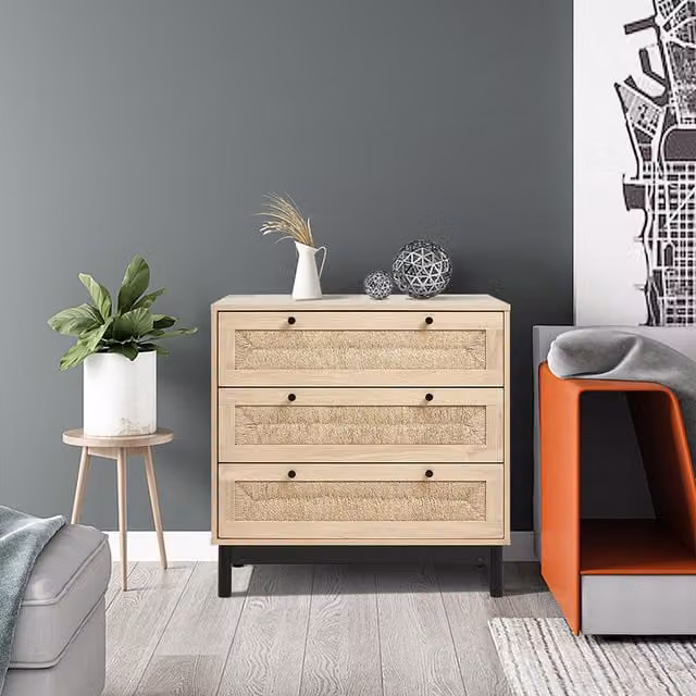 Livingandhome Rustic Wooden Freestanding Cabinet with Rattan Drawers in Brown, Black or Beige