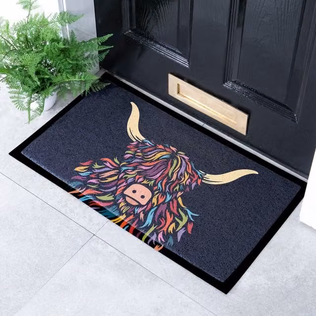 Artsy Mats Highland Cow Colour Indoor Outdoor Doormat, Black, W: 70 cm, D: 40 cm