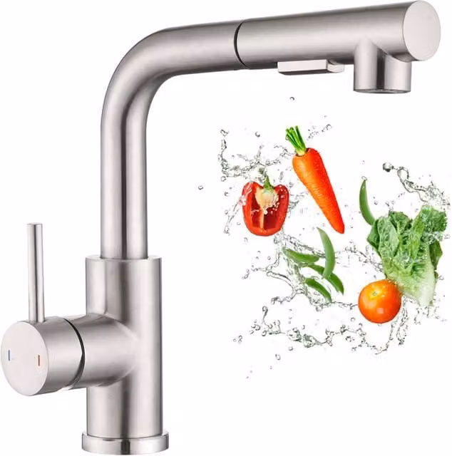 JANLEMNY Brushed Stainless Steel Pull Out Kitchen Mixer Tap with Dual Spray and 360 Degree Swivel Spout in Silver – 1