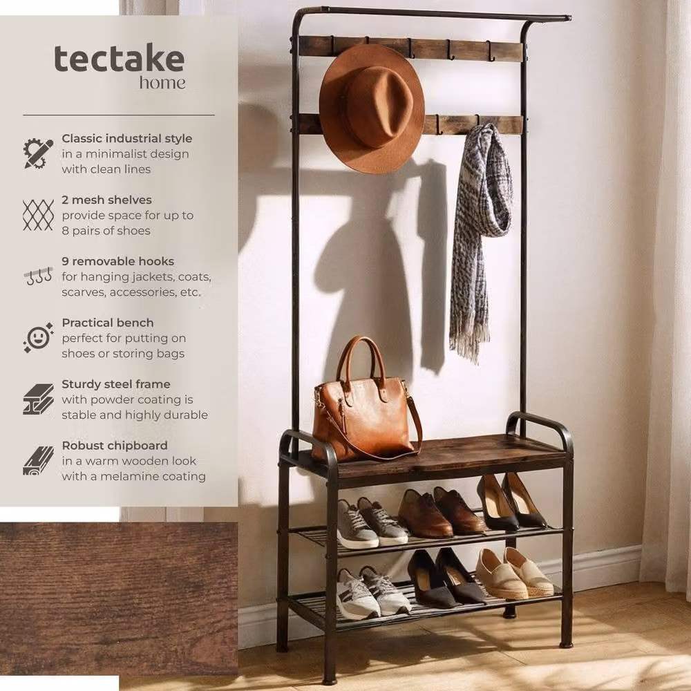 tectake Wichita Industrial Hall Tree with Bench and Dual Hook and Rail Matrix in Brown, Width: 85.5 cm – 2
