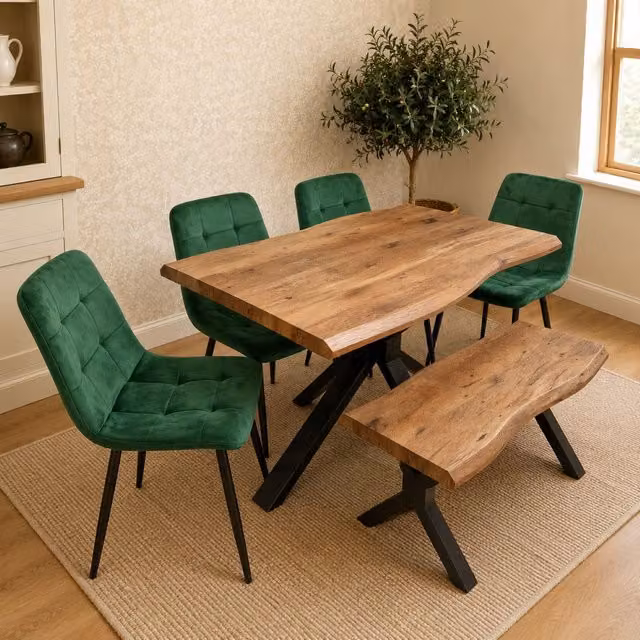 KOSY KOALA 6 Seater Dining Set with Rustic Brown Wood Effect Rectangular Table, Green Chairs and Bench