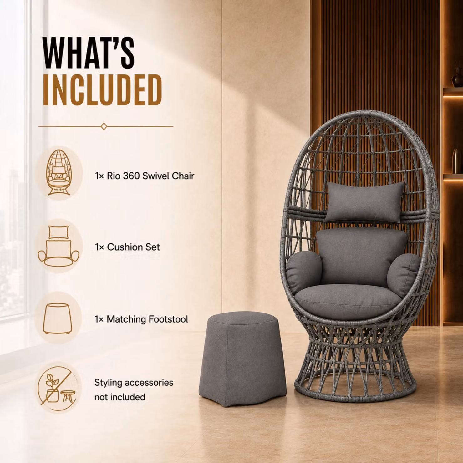 Home Republic Grey Rattan Swivel Egg Chair with Cushions W/D/H: 156 x 92 x 76 cm – 5