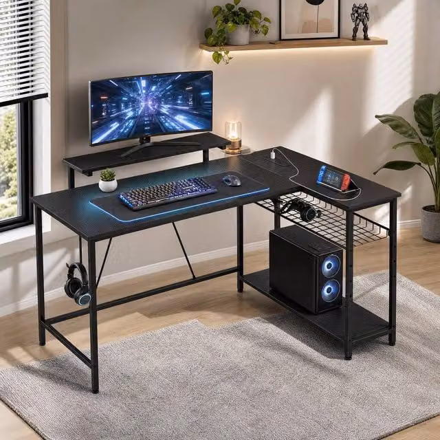STILVORA L Shaped Corner Desk with LED Lights and Storage in Black – 1