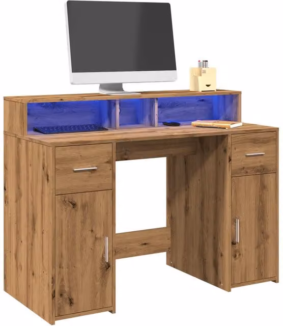 Berkfield Modern Gaming Desk with LED Lights in Artisan Oak Brown, W/D/H: 120 x 55 x 91 cm – 1