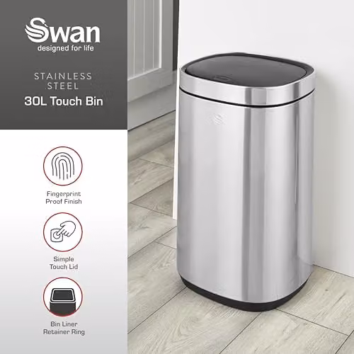 Swan 30L Stainless Steel Fingerprint Proof Touch Bin in Silver – 2