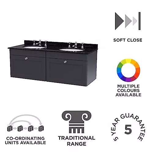 nuie Classique Wall Hung 2 Drawer Unit and 3 Tap Hole Double Marble Top with Round Basin, Satin Anthracite and Soft Black, W: 122 cm, D: 47 cm, H: 50.9 cm – 2