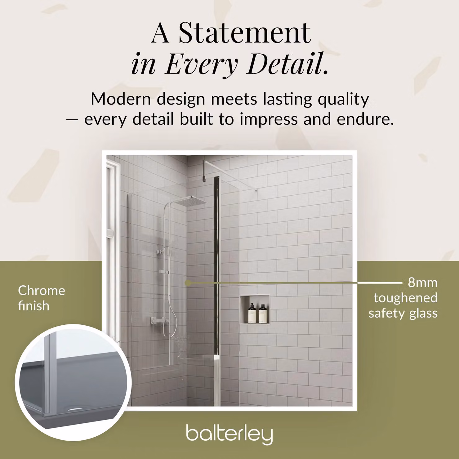 Balterley 8mm Glass Walk-In Wetroom Screen and Return with Chrome Frame and Grey Tray, W: 140 cm, D: 70 cm – 4