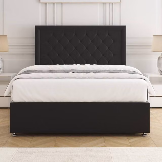 BSSPOKE Nova Plush Velvet Divan Bed Set with 24 inch Headboard and Mattress in Black, Single, W/D/H: 90 x 200 cm