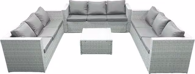 Fimous 9 Seater U-Shape Rattan Garden Furniture Set with Coffee Table in Light Grey – 1