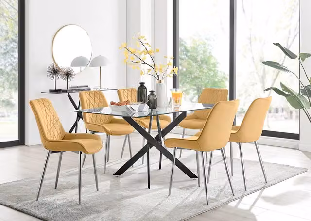 FurnitureboxUK Leonardo Black Leg Glass Dining Table with 6 Pesaro Silver Chairs in Mustard