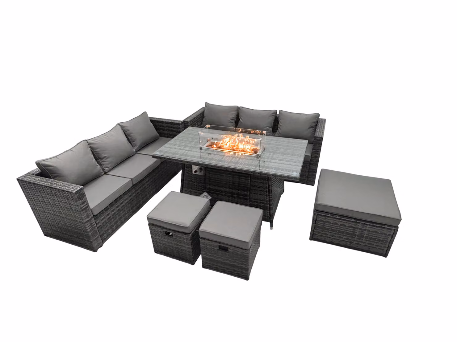 Fimous 9 Seater Rattan Garden Furniture Firepit Dining Set with Lounge Sofa, Table and 3 Footstools in Dark Grey – 2