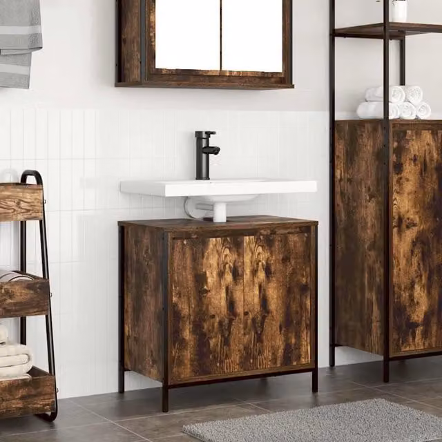 Berkfield Home Modern Smoked Oak Bathroom Basin Cabinet in Brown, W/D/H: 60 x 34.5 x 60 cm